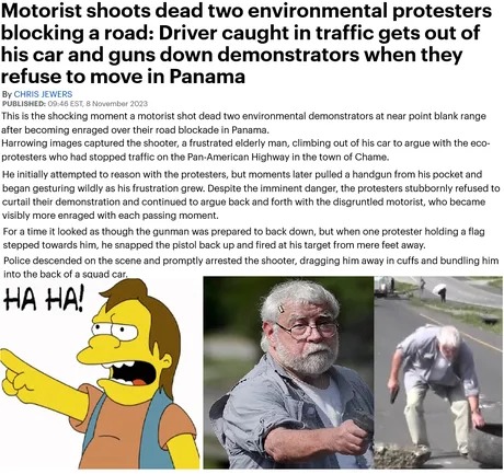 Motorist shoots dead two environmental protesters blocking a road - meme