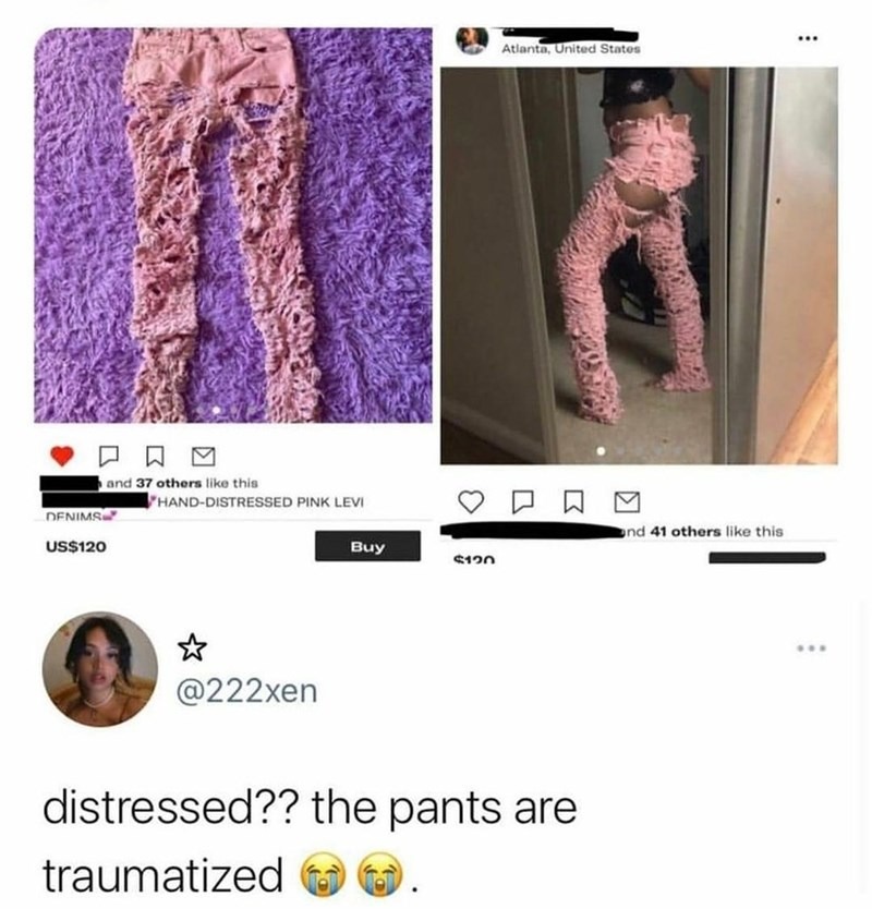 Wow what cool pant  ...........( Women are dumb to buy this even a homeless person's clothes don't have this much holes - meme
