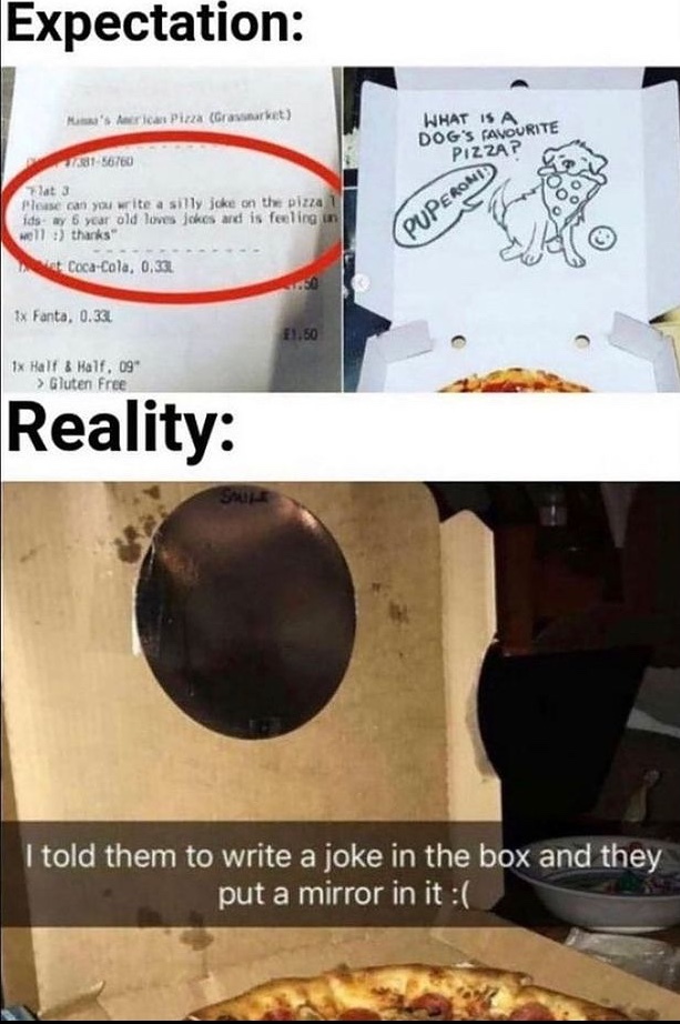 write a joke on the pizza box - meme
