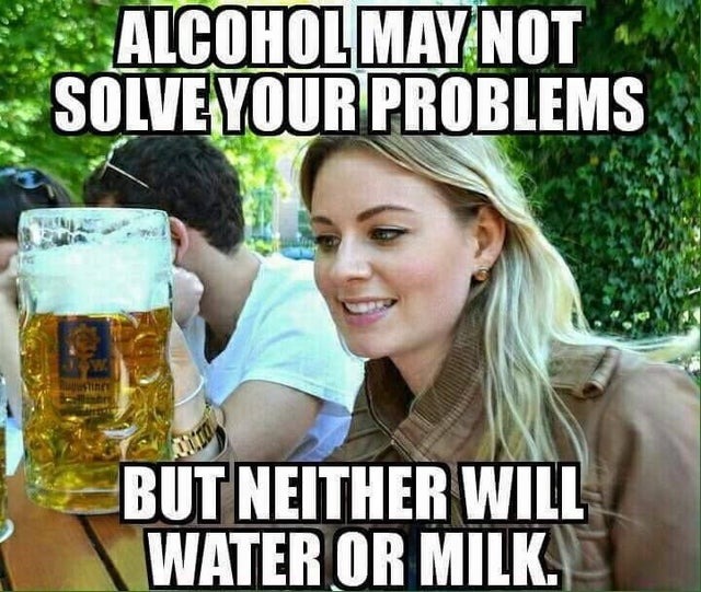 Alcohol may not solve your problems but neither will water or milk - meme