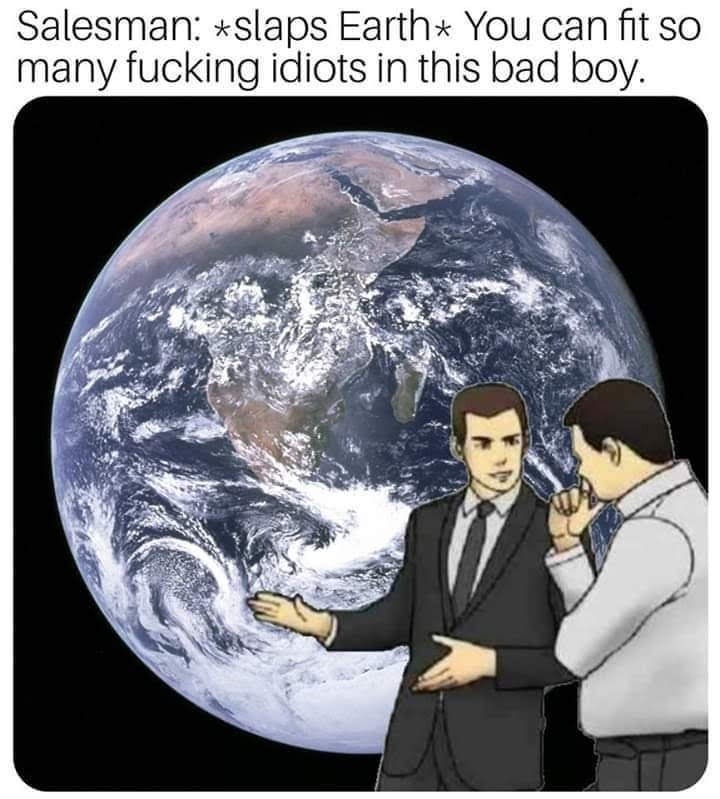 Salesman: slaps Earth, you can cram so many idiots in here - meme