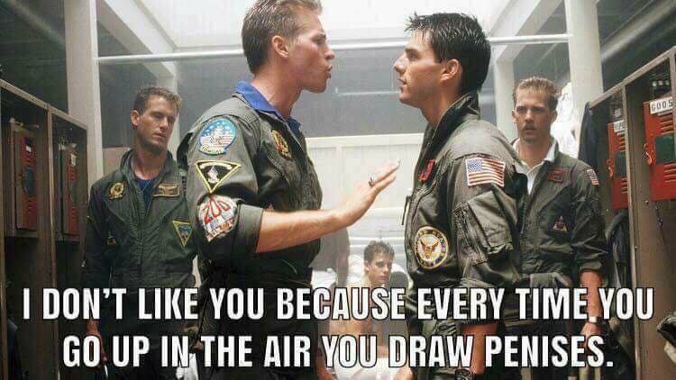 Great meme of Maverick from Top Gun drawing things on the sky