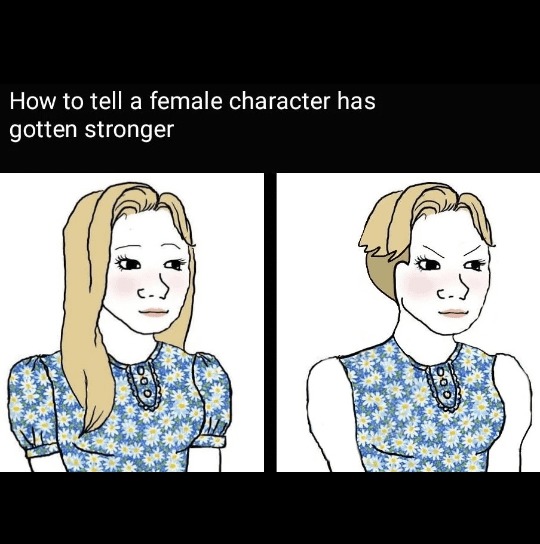 How to tell a female character has gotten stronger - meme