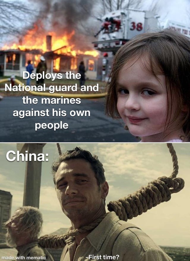 US deploys troops on its own people. China: First time? - meme
