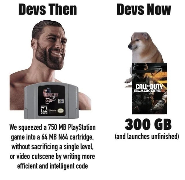 Old devs: 64MB masterpiece. New devs: 300GB crash fest - meme