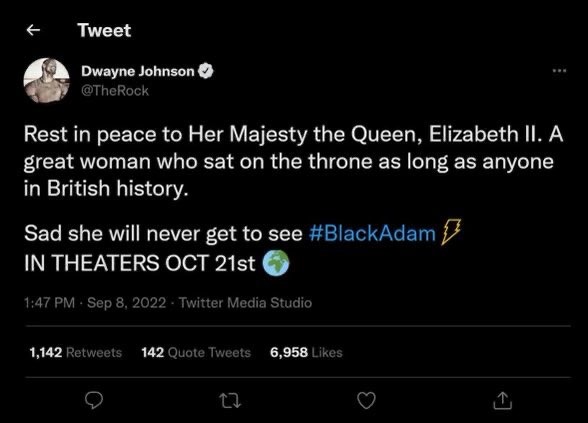 The Rock took a moment in his tweet for tHE Queen to make a Black Adam promo (Probably fake) - meme