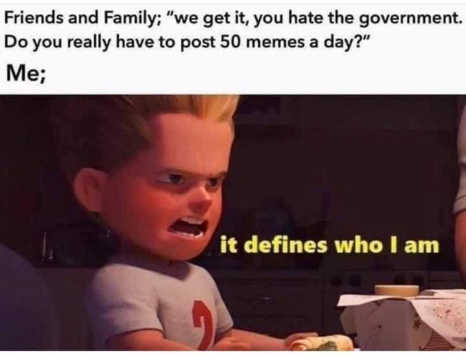 ﻿Friends and Family; “we get it, you hate the government: Do you really have to post 50 memes a day?” Me; it defines who | am