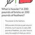 200 pounds of bricks or 200 pounds of feathers?