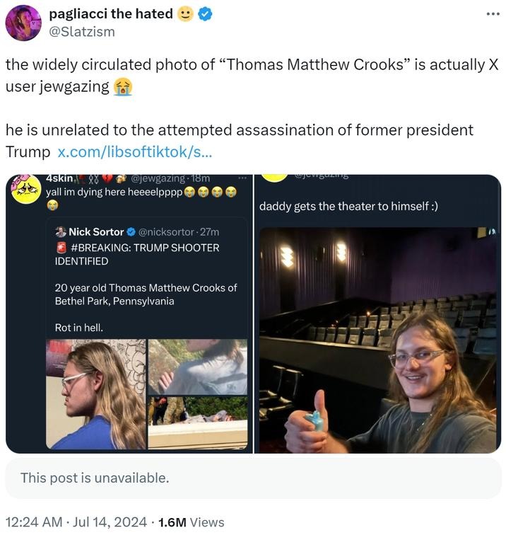 Thomas Matthew Crooks jewgazing X account - meme