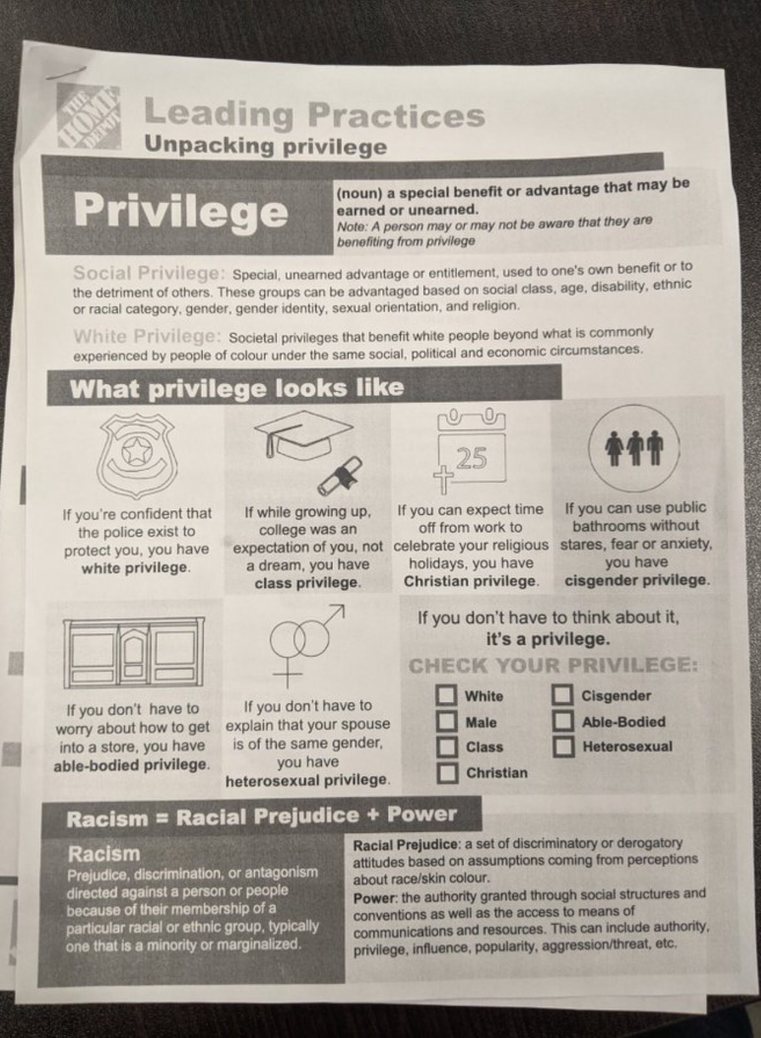 Bye bye Home Depot: employee training pamphlet found at a Canadian location that was leaked on social media, sparking accusations that the company has gone "woke." I like Ace better anyways - meme
