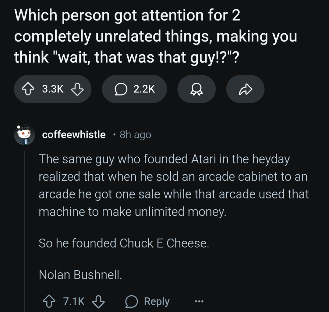 Found out the guy who made Atari also gave us Chuck E Cheese - meme