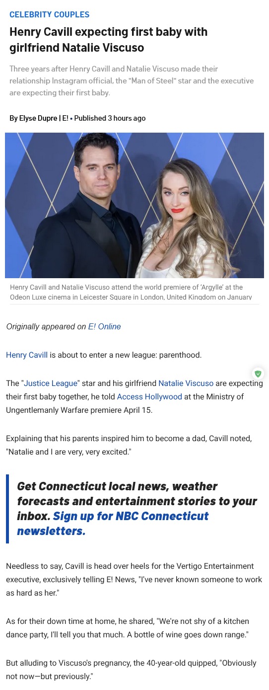 Henry Cavill expecting first baby with girlfriend Natalie Viscuso - meme