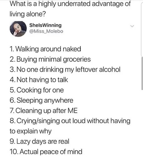 Good things bout living alone - meme
