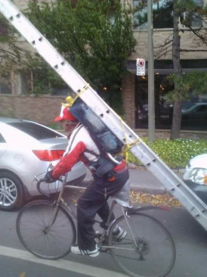 Either he had enough of his boss and stole equipment or his boss is so cheap he has to bring his own - meme