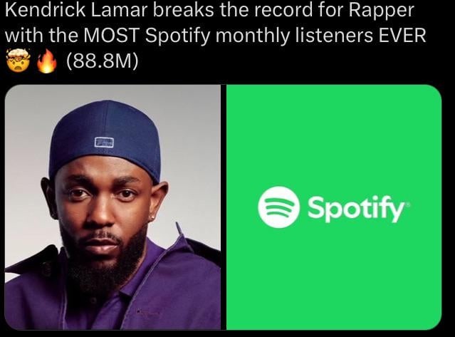 Kendrick Lamar breaks the record for Rapper with the MOST Spotify monthly listeners EVER (88.8M) - meme