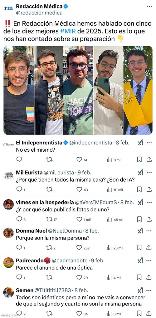 La desinformación de la medicina, los cinco mejores del MIR 2025 son la misma persona - meme