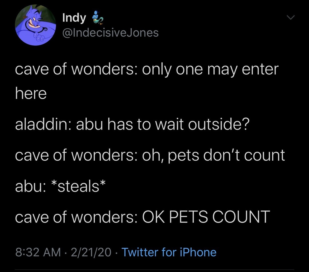 ﻿Indy @IndecisiveJones cave of wonders: only one may enter here aladdin: abu has to wait outside? cave of wonders: oh, pets don’t count X abu: *steals cave of wonders: OK PETS COUNT 8.32 AM 2/21/20 Twitter for iPhone