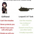 You can only have one, choose wisely. Girlfriend or Leopard 2 A7 tank