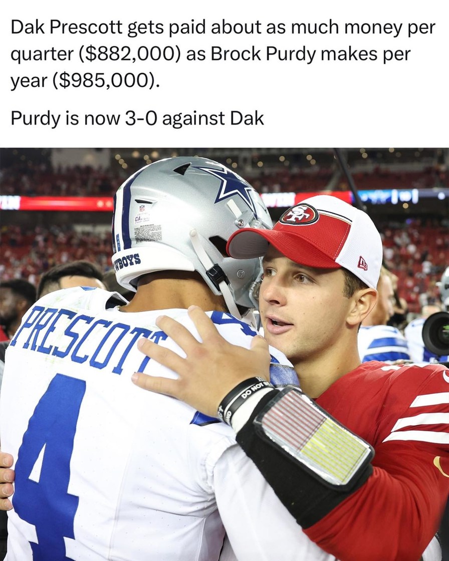 Dak Prescott ges paid as much money per quarter as Brock purdy makes per year - meme