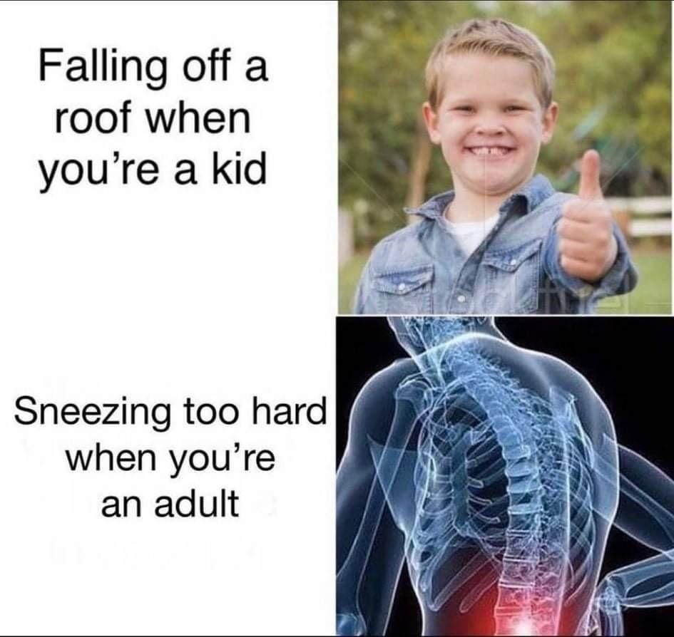 kid: roof fall = fine. adult: sneeze = hospital visit - meme
