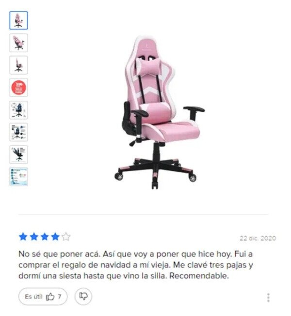 La reseña más honesta de una silla gamer - meme