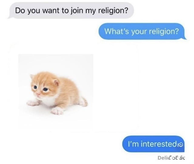 You tryna join my religion? It’s mostly memes and deli meat