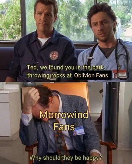 Ted throwing hands over Morrowind supremacy again - meme