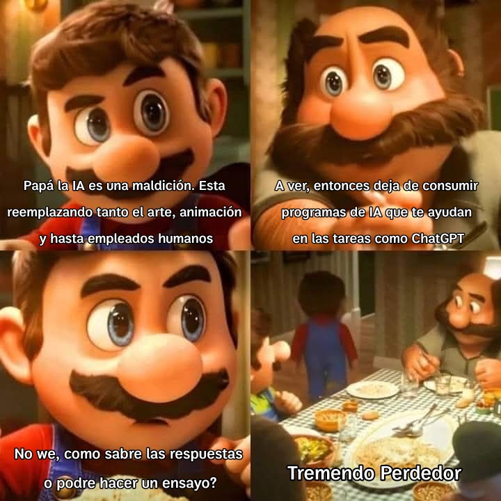 Se que ya se requemo esta plantilla pero re tremendo hipócritas son los que se la mman diciendo que el IA esta reemplazando el arte pero son los mismos que usan la IA para sus tareas - meme
