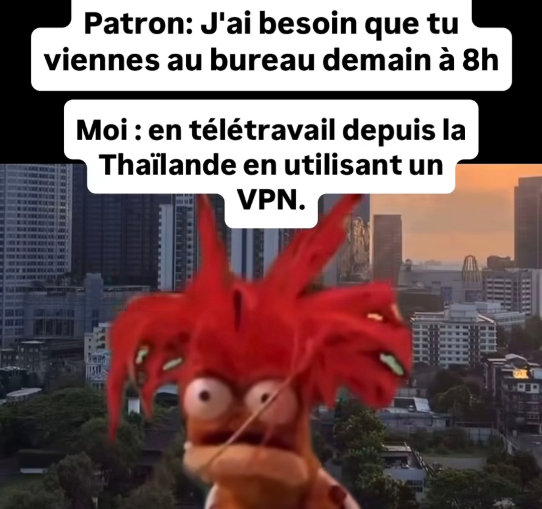 Patron qui veut te voir au bureau à 8h alors que t'es déjà au soleil en Thaïlande avec ton VPN - meme