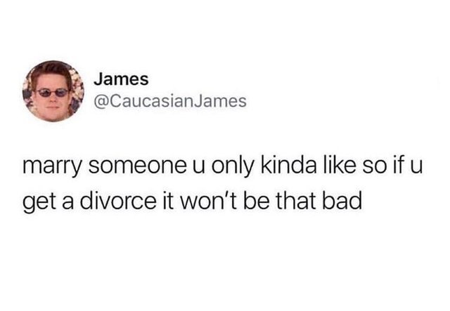 Marry someone u only kinda like so if you get a divorce it won't be that bad - meme