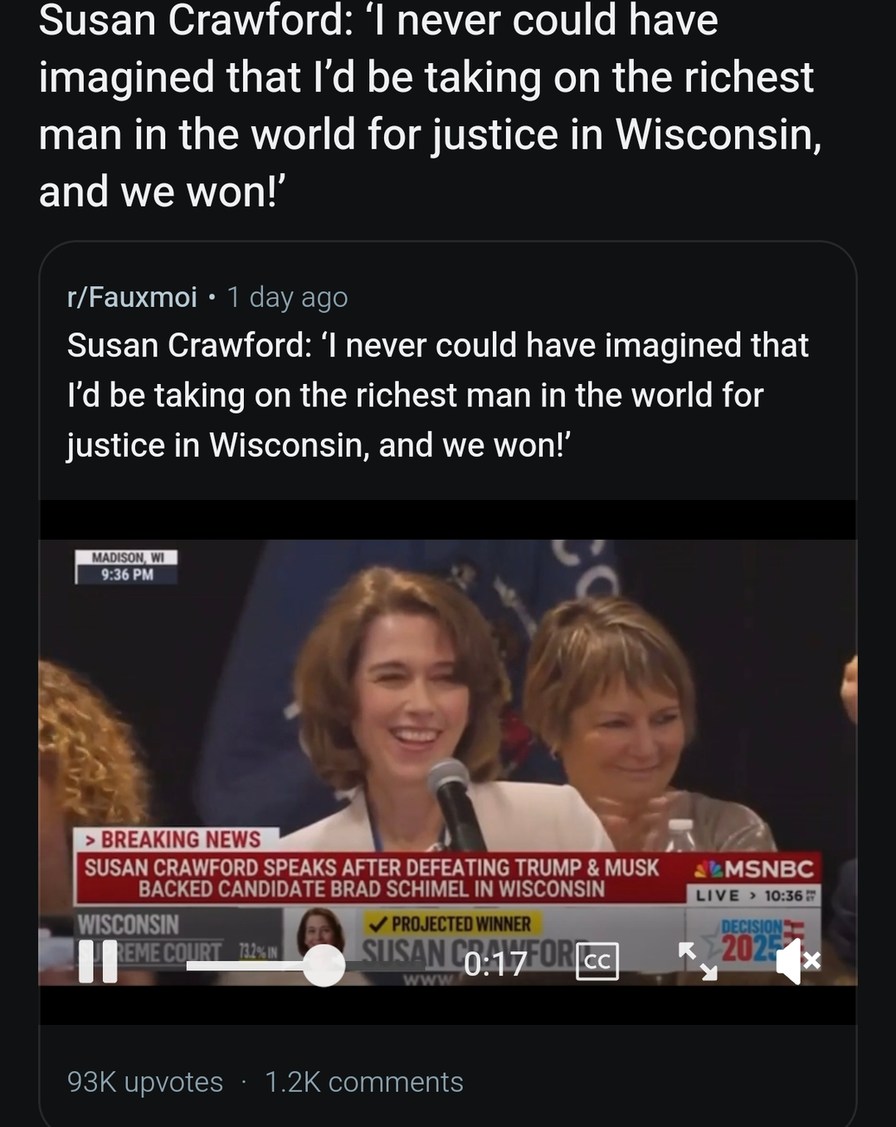 Susan Crawford beats the richest man alive in Wisconsin (her words) - meme
