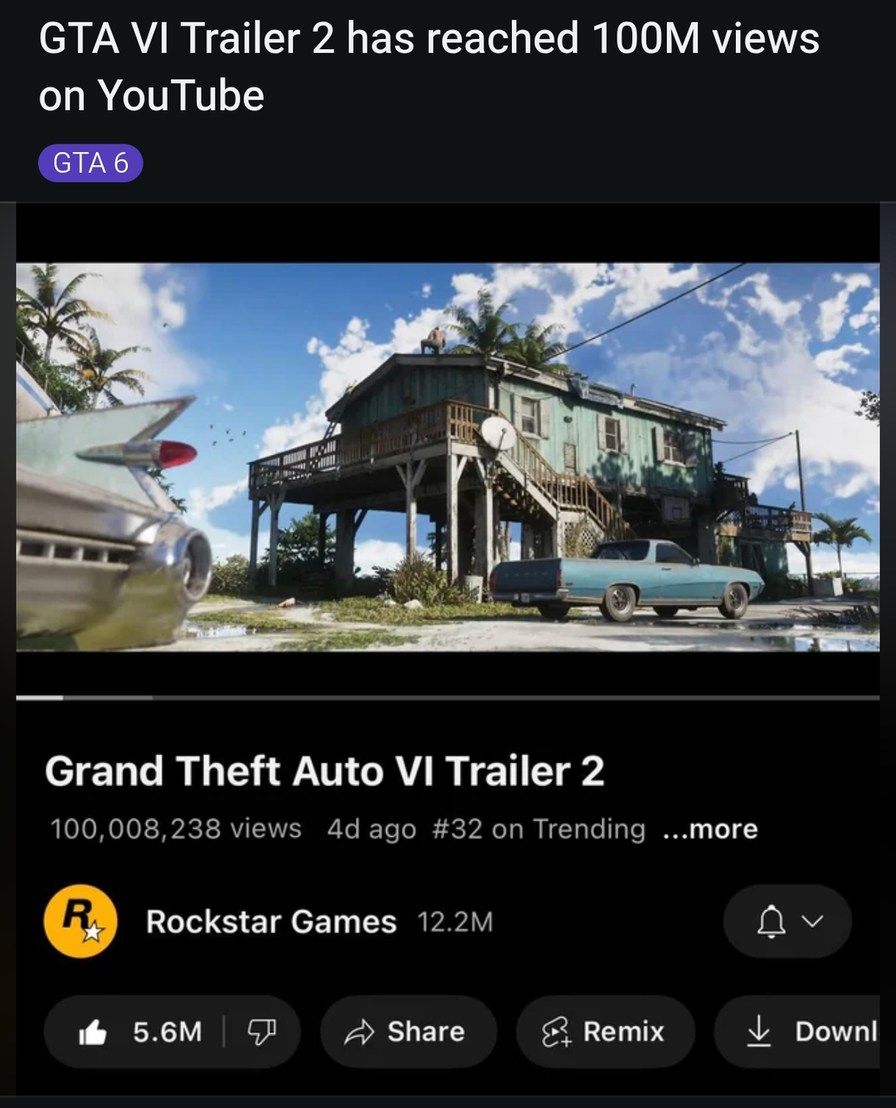 GTA VI Trailer 2 hit 100M views and broke the internet again - meme