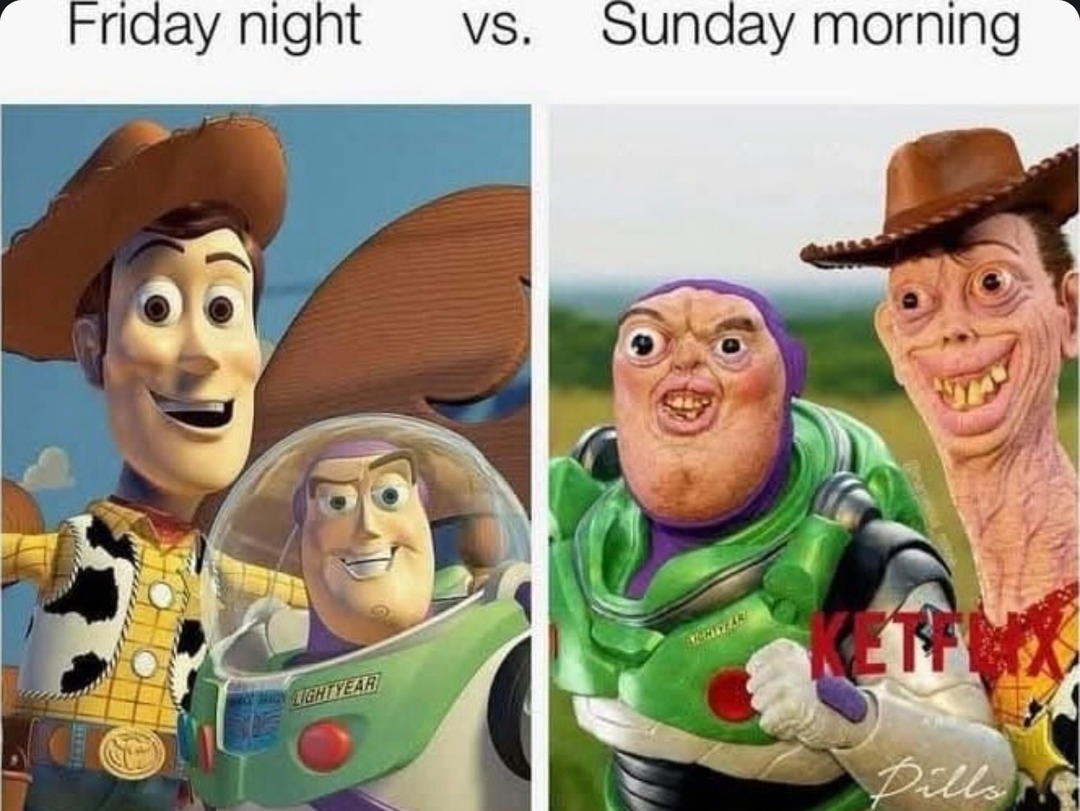 Friday night vs Sunday morning is a crime scene shift - meme