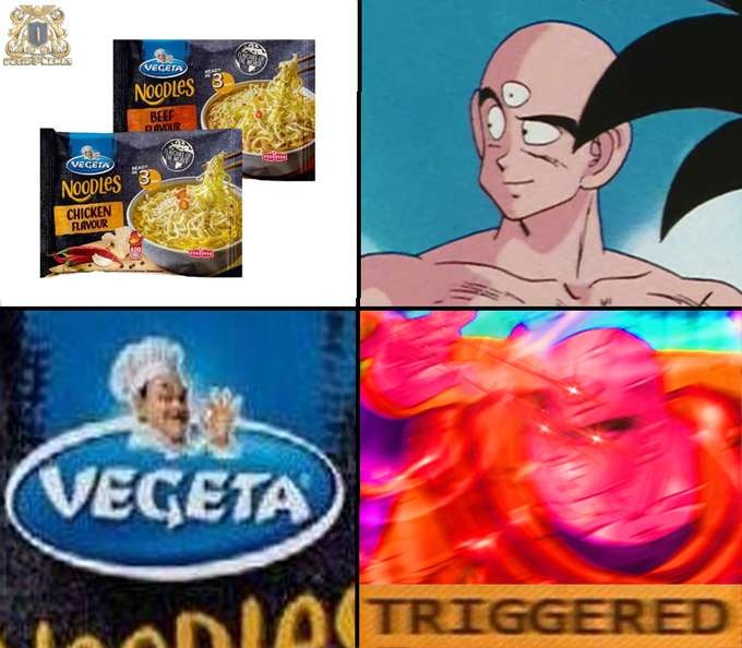 "Lo sabía! Vegeta hizo una marca de pasta con su nombre pensando que no me daría cuenta! No sé lo perdonaré! - meme