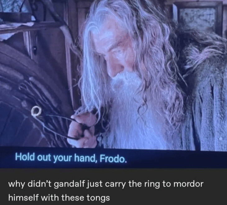 Why didn't Gandalf just tong the ring to Mount Doom - meme