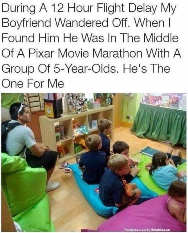 girlfriend finds her boyfriend at a pixar movie marathon with a group of children