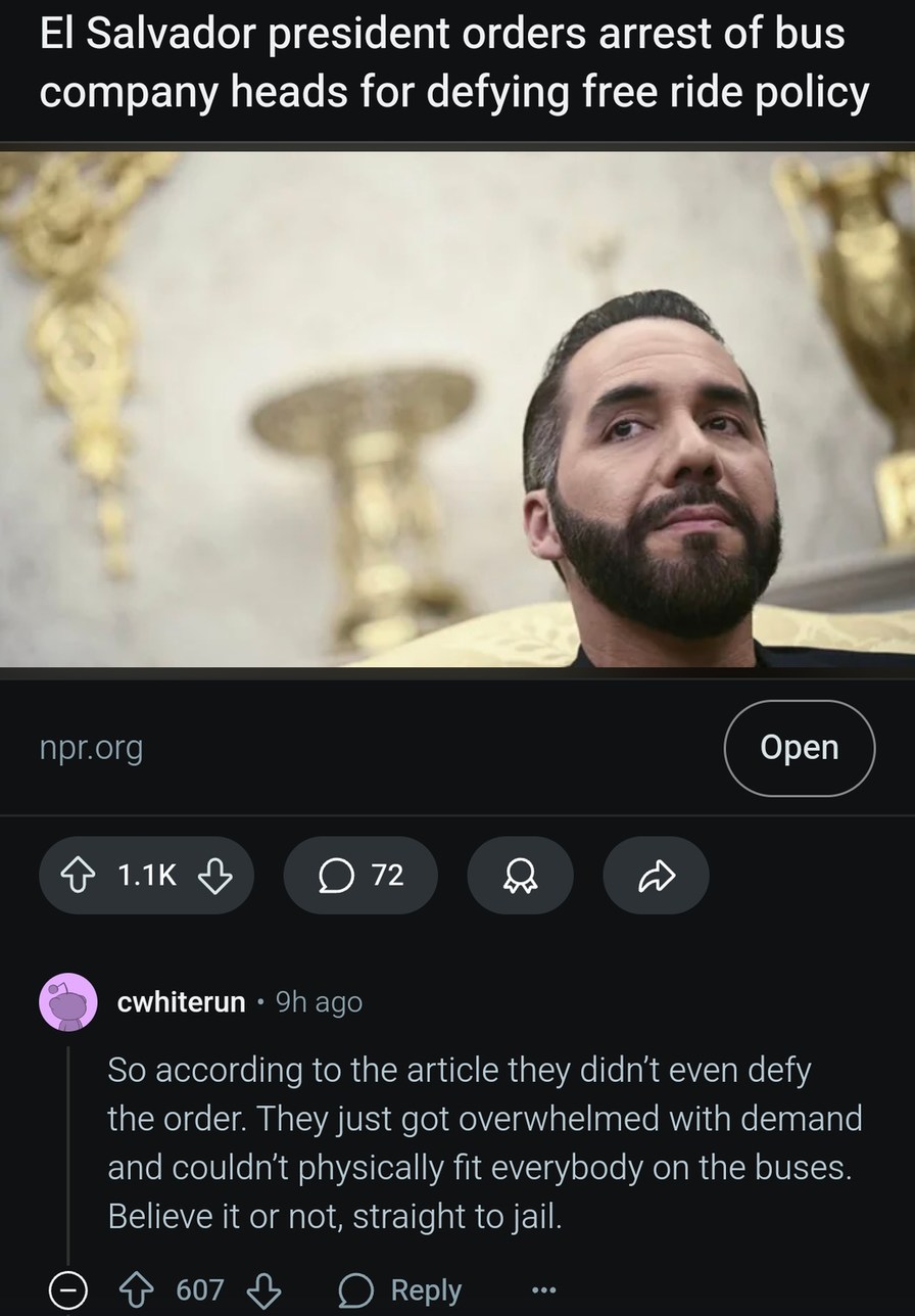 El Salvador president arrested bus CEOs over free rides — straight to jail - meme