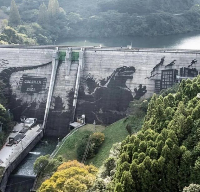 Godzilla art in a dam - meme