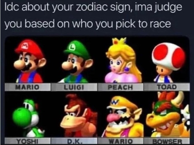 Toad, yoshi, everyone else, in that order. - meme