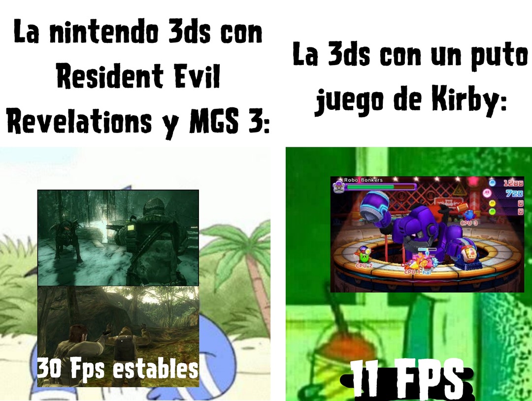 Ya se que en el Metal Gear luego si va lento pero a comparación con kirby battle royale hay minijuegos como el de las manzanas o las boss fights en las que tuve que poner pausa para ver a donde me movía - meme