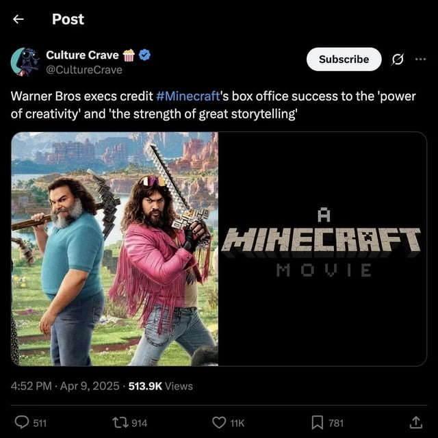 Minecraft movie success explained by 'block good, story better' - meme
