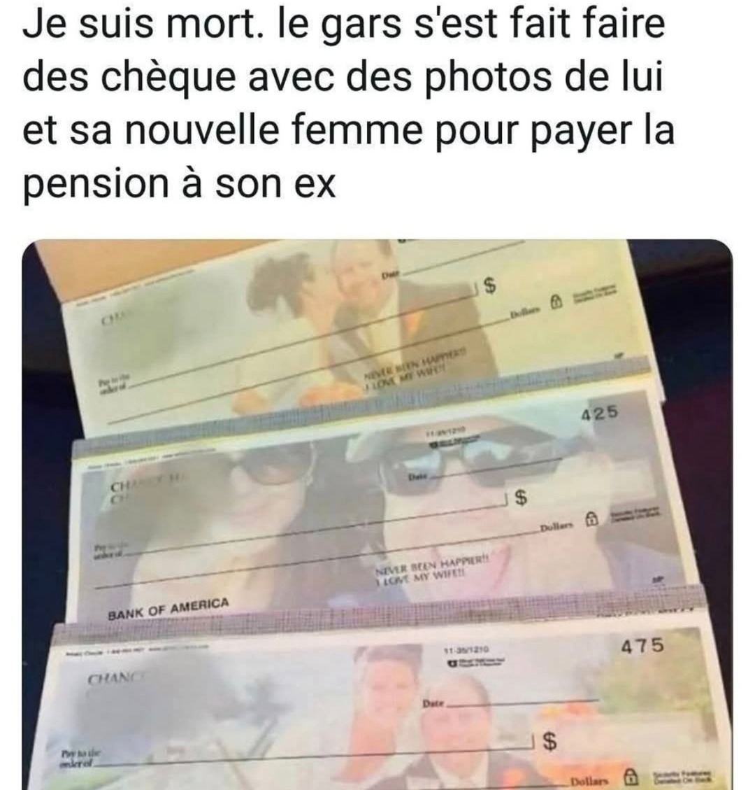 le mec paye la pension à son ex avec des chèques où y'a sa nouvelle meuf dessus j'suis mort - meme