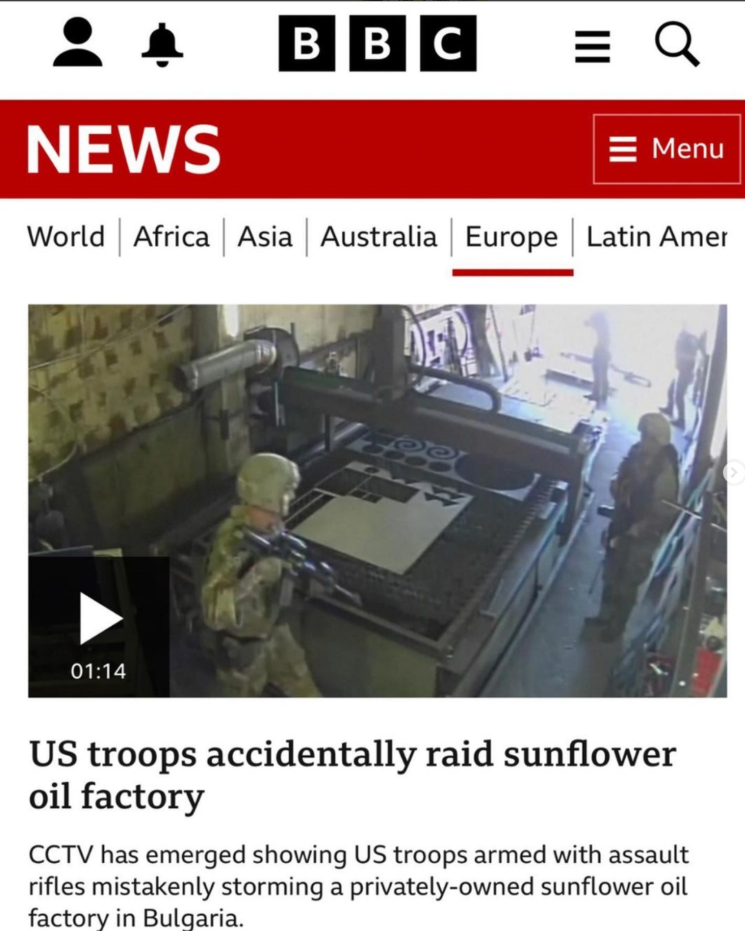 US troops armed with assault rifles mistakenly stormed a  sunflower oil factory in Bulgaria. They were taking part in a Nato military exercise, with the aim of clearing the airbase next door. - meme