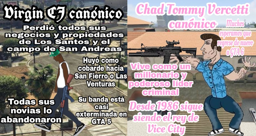 Virgin CJ canónico vs Chad Tommy Vercetti canónico - meme