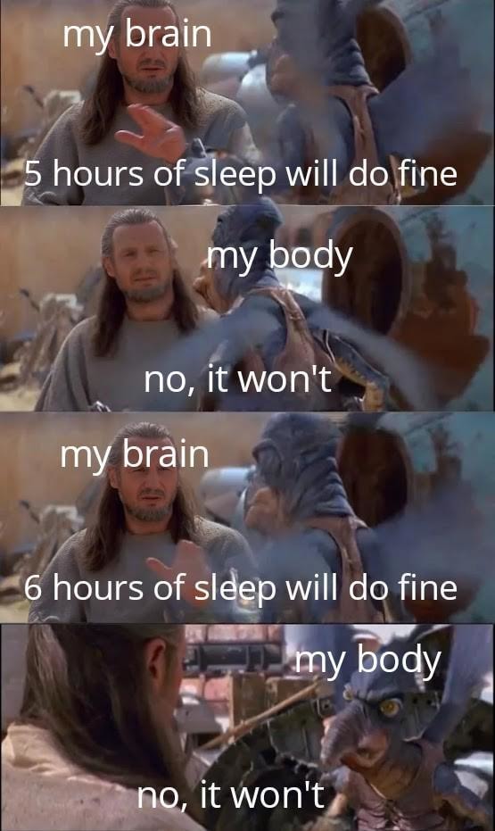 My brain at 3AM: 5 hours of sleep is fine. My body: it’s not. - meme