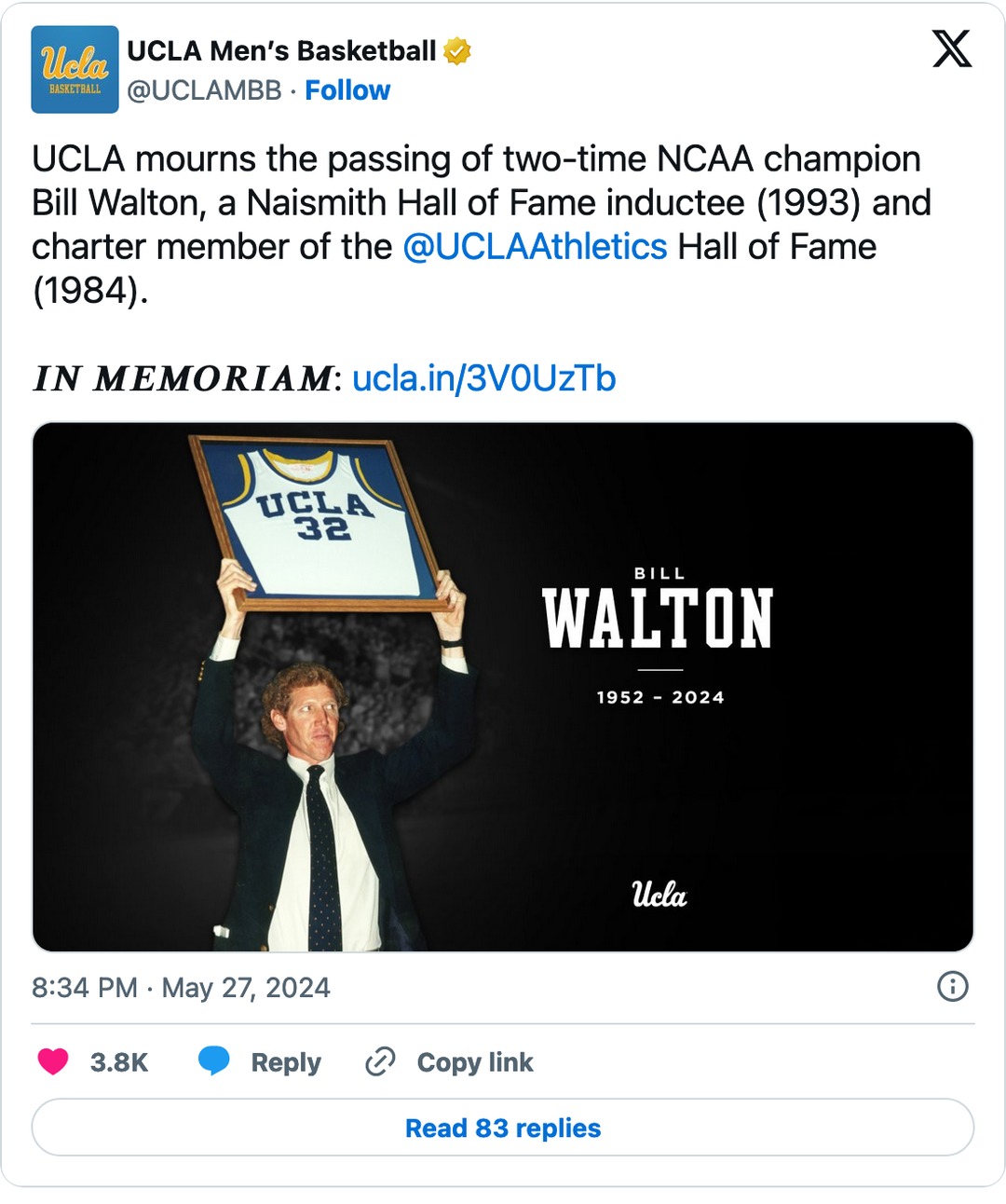 Bill Walton, 'The Luckiest Guy in the World' dies at 71 - meme