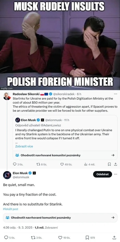 Elon Musk answering to the Polish foreign Minister about Starlink - meme
