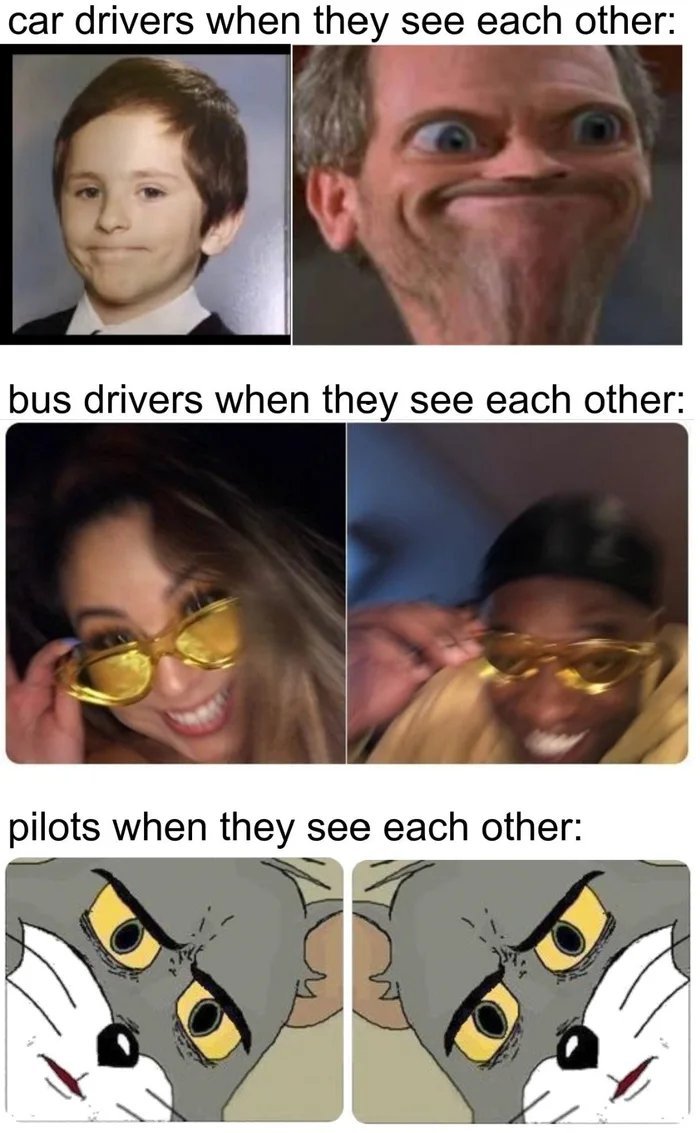Motoristas/motoristas de onibus/ pilotos quando se veem - meme