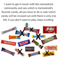 If your favorite candy got voted out then my dearest apologies (yearsofwar)