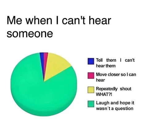 Can't hear you, laugh awkwardly, pray it wasn't a question - meme